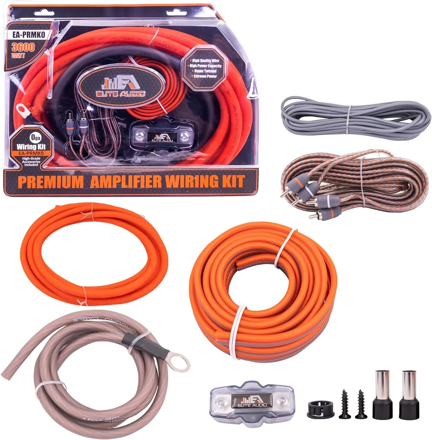 Elite Audio Premium Series 0-Gauge Amp Kit - 3600W Max Power, Copper Clad Aluminum Wire, Triple-Shielded RCA Cables, High-Power Capacity, Mini-ANL Fuse Holder, Car Amplifier Install Kit - EA-PRMK0