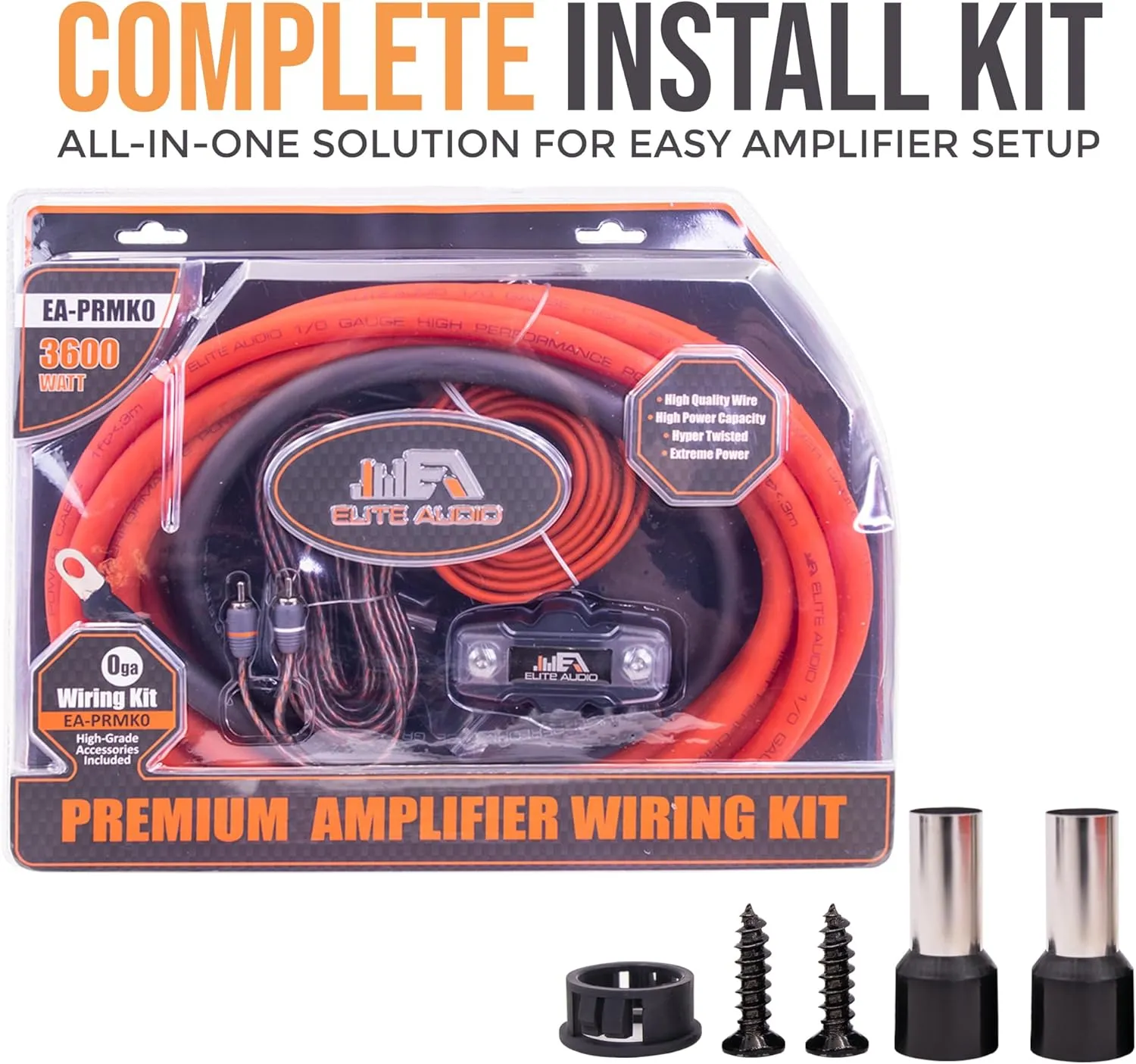 Elite Audio Premium Series 0-Gauge Amp Kit - 3600W Max Power, Copper Clad Aluminum Wire, Triple-Shielded RCA Cables, High-Power Capacity, Mini-ANL Fuse Holder, Car Amplifier Install Kit - EA-PRMK0