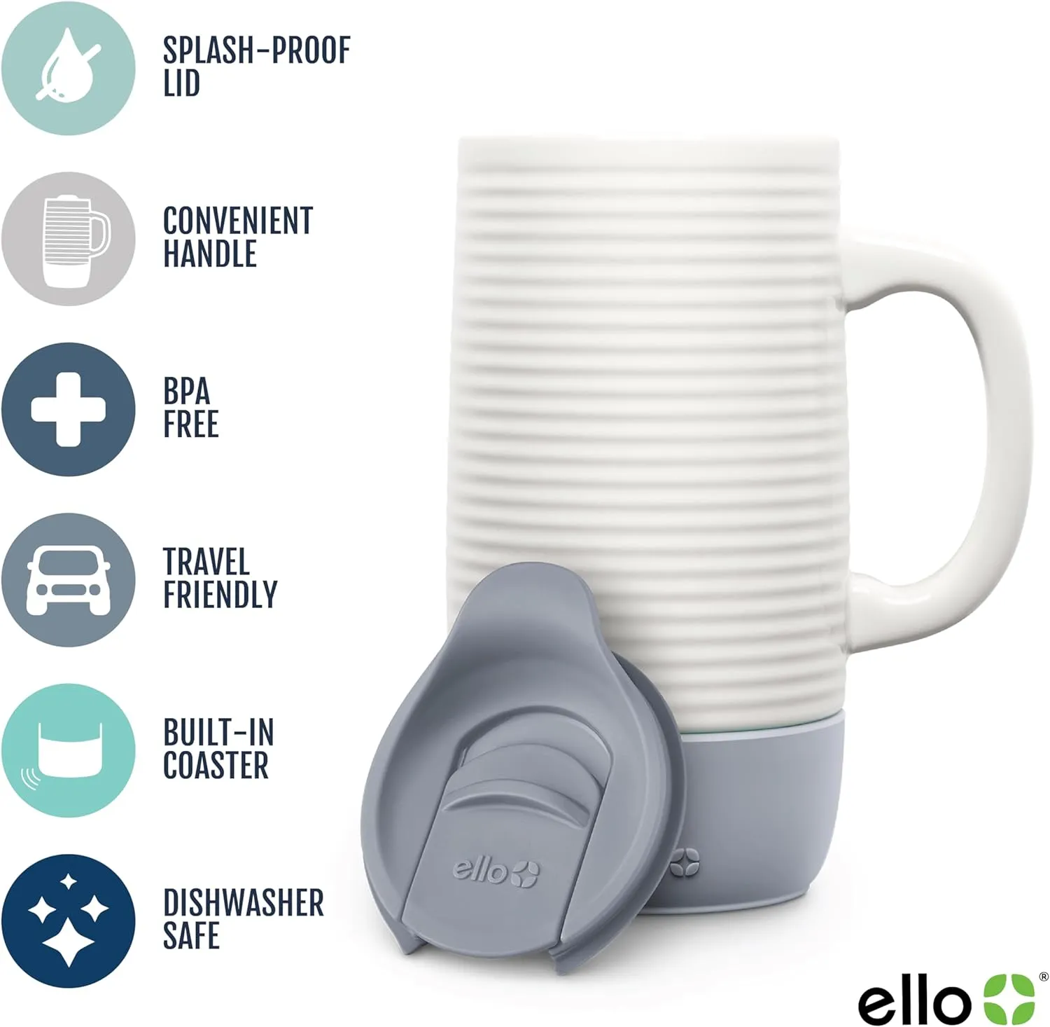 Ello Jane 18oz Ceramic Travel Mug with Handle, Splash-Resistant Slider Lid and Built-in Coaster, Perfect for Coffee and Tea, BPA Free, Dishwasher Safe, Gift for Holiday Him Her Mother's Day
