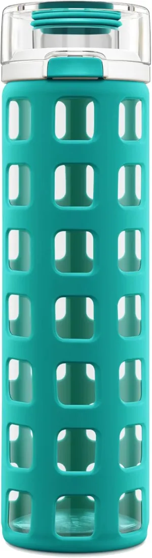 Ello Syndicate 20oz Reusable Glass Water Bottle with One-Touch Leak Proof Flip Lid and Protective Non-Slip Silicone Sleeve and Carry Loop for Coffee, Tea and Water, BPA-free Dishwasher Safe