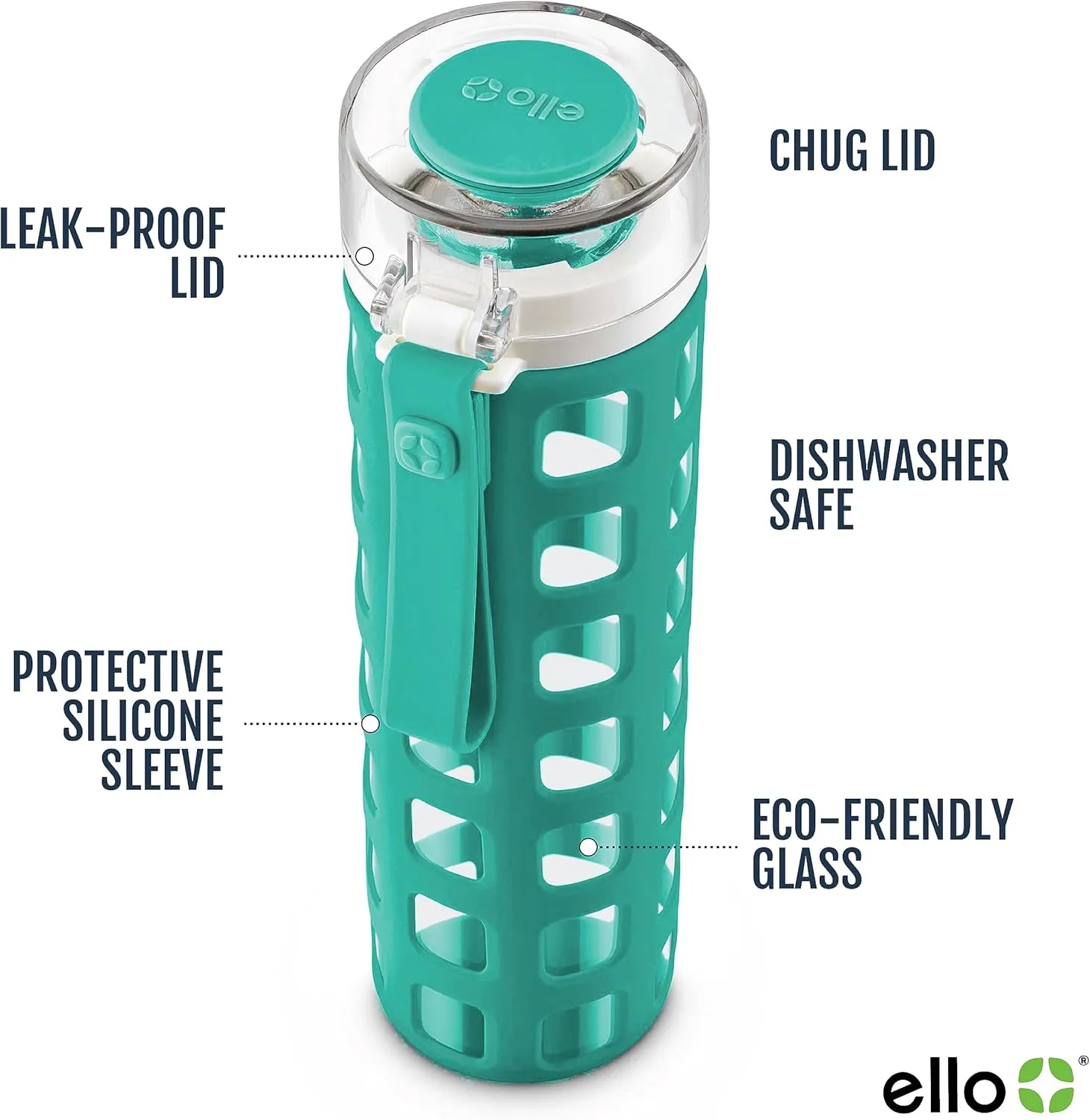 Ello Syndicate 20oz Reusable Glass Water Bottle with One-Touch Leak Proof Flip Lid and Protective Non-Slip Silicone Sleeve and Carry Loop for Coffee, Tea and Water, BPA-free Dishwasher Safe