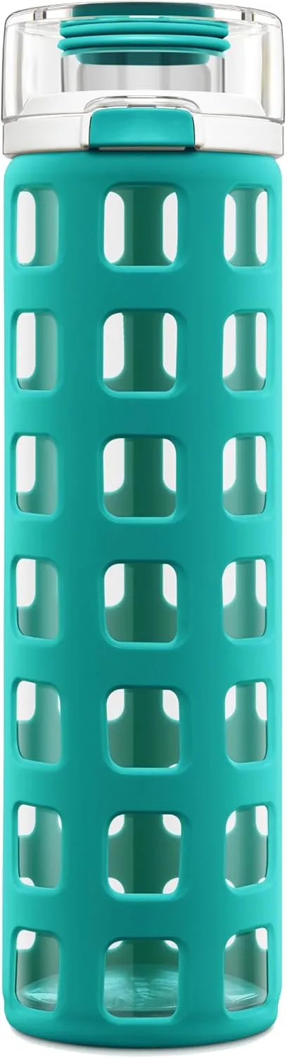 Ello Syndicate 20oz Reusable Glass Water Bottle with One-Touch Leak Proof Flip Lid and Protective Non-Slip Silicone Sleeve and Carry Loop for Coffee, Tea and Water, BPA-free Dishwasher Safe