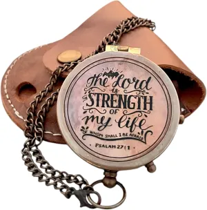 Engraved Brass Compass with Leather Case, Psalm 27:1 Quote, 'The Lord is The Strength of My Life' Religious Gifts for Men and Women Inspirational Keepsake Gift Compass for Outdoor Enthusiasts.