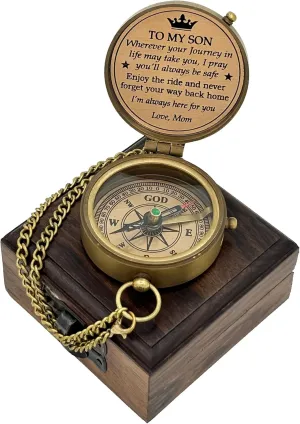 Engraved Brass Compass with Wooden Box, Vintage Compass for Navigation amd Decor, Antique Gift Compasses for Graduation, Baptism, Confirmation-Love Mom, Bronze