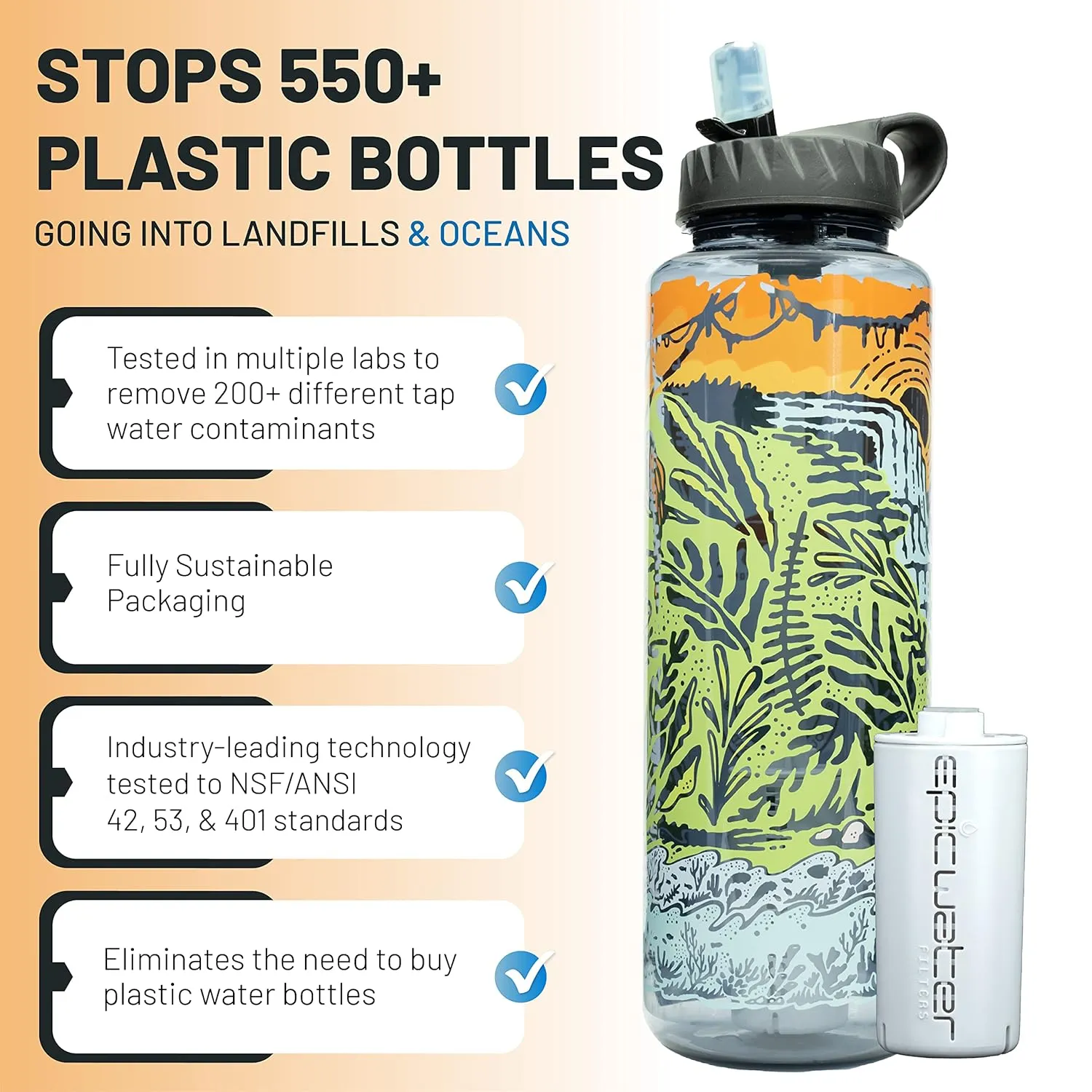 Epic Water Filters Nalgene OG Water Bottle with Filter, USA Made, BPA Free, Removes 99.99% Tap Water Contaminants, Forever Chemicals, GA 2030 Art, 48 oz