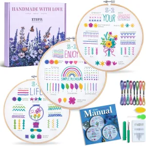 ETSPIL 3 Pack Embroidery Kit for Beginners and Adults,Learn 33 Stitches with DIY Stamped Flower Patterns – Includes Hoop, Color Threads, Tools, and Step-by-Step Instructions with Video Tutorials