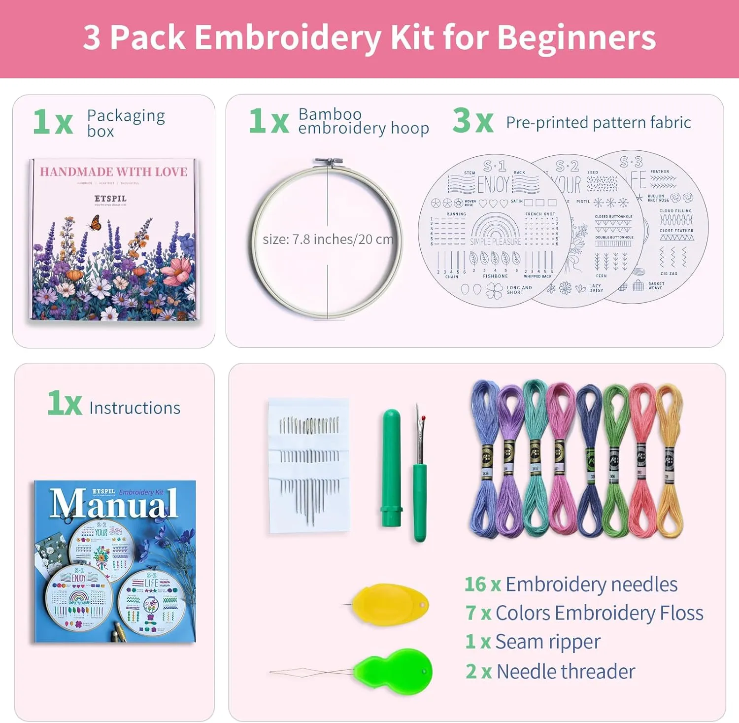 ETSPIL 3 Pack Embroidery Kit for Beginners and Adults,Learn 33 Stitches with DIY Stamped Flower Patterns – Includes Hoop, Color Threads, Tools, and Step-by-Step Instructions with Video Tutorials