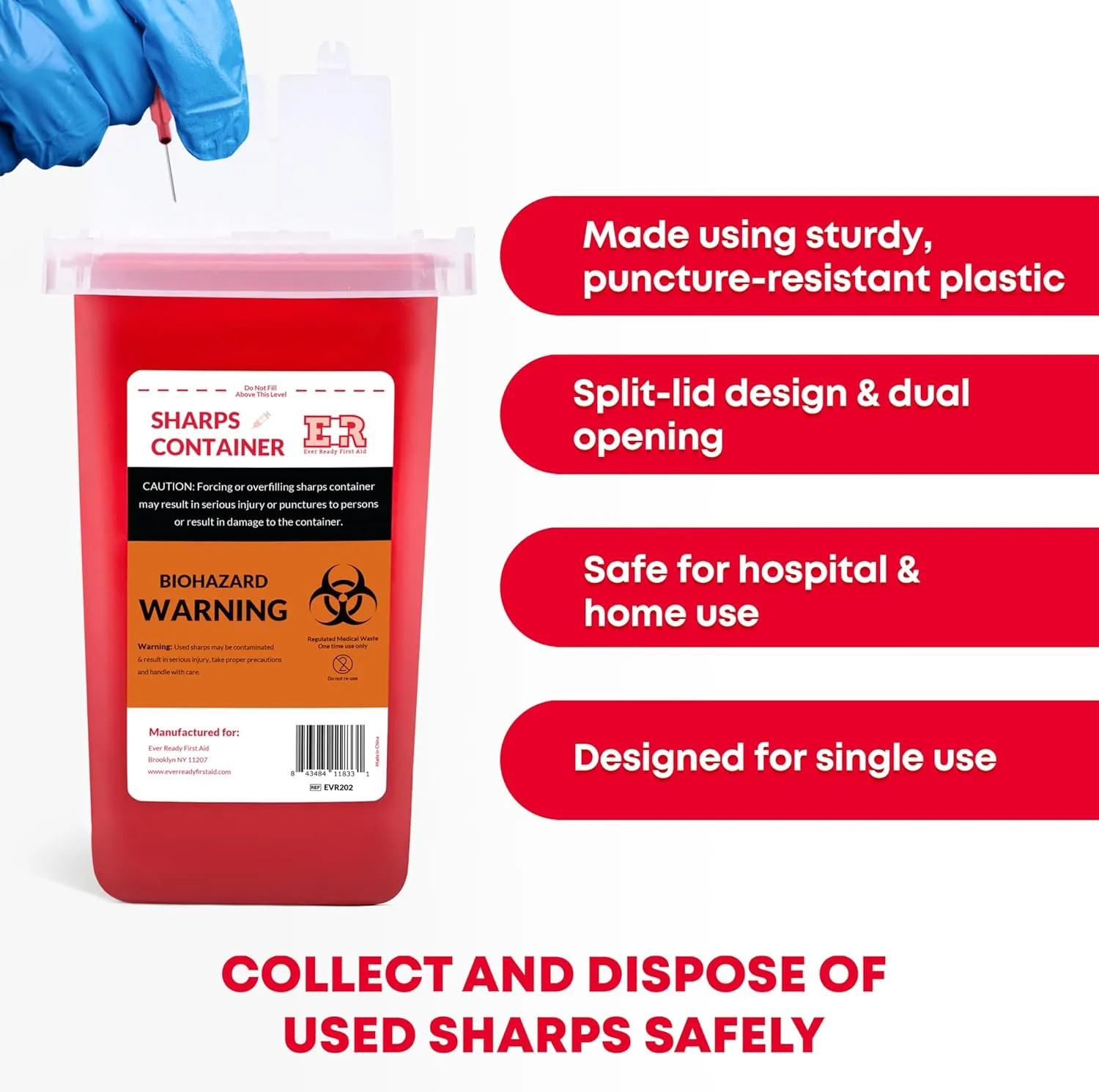 Ever Ready First Aid Sharps Container with Split Lid Design and Locking Mechanism for Sharp Waste Disposal, 1 Quart - 6 Count