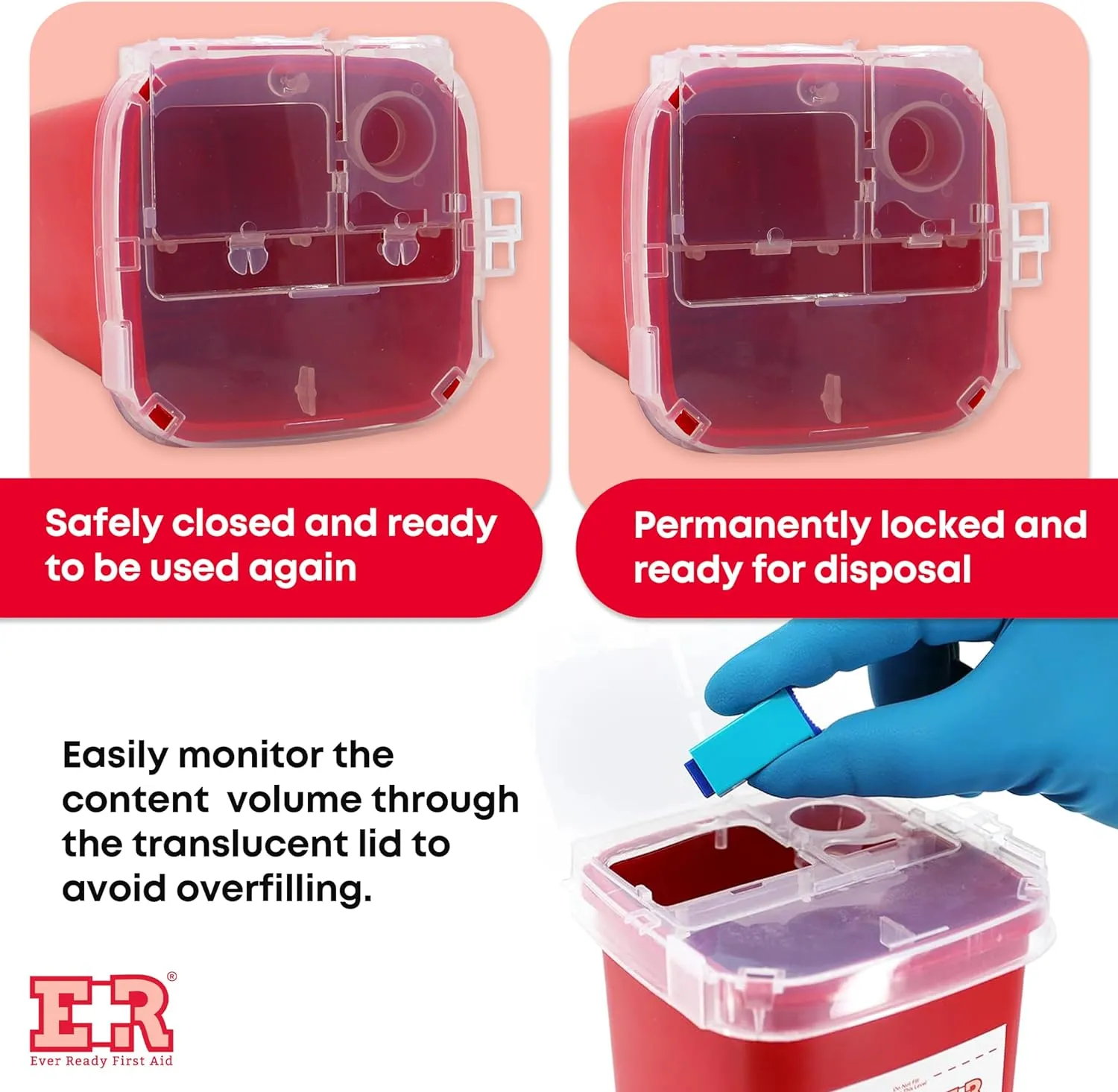 Ever Ready First Aid Sharps Container with Split Lid Design and Locking Mechanism for Sharp Waste Disposal, 1 Quart - 6 Count