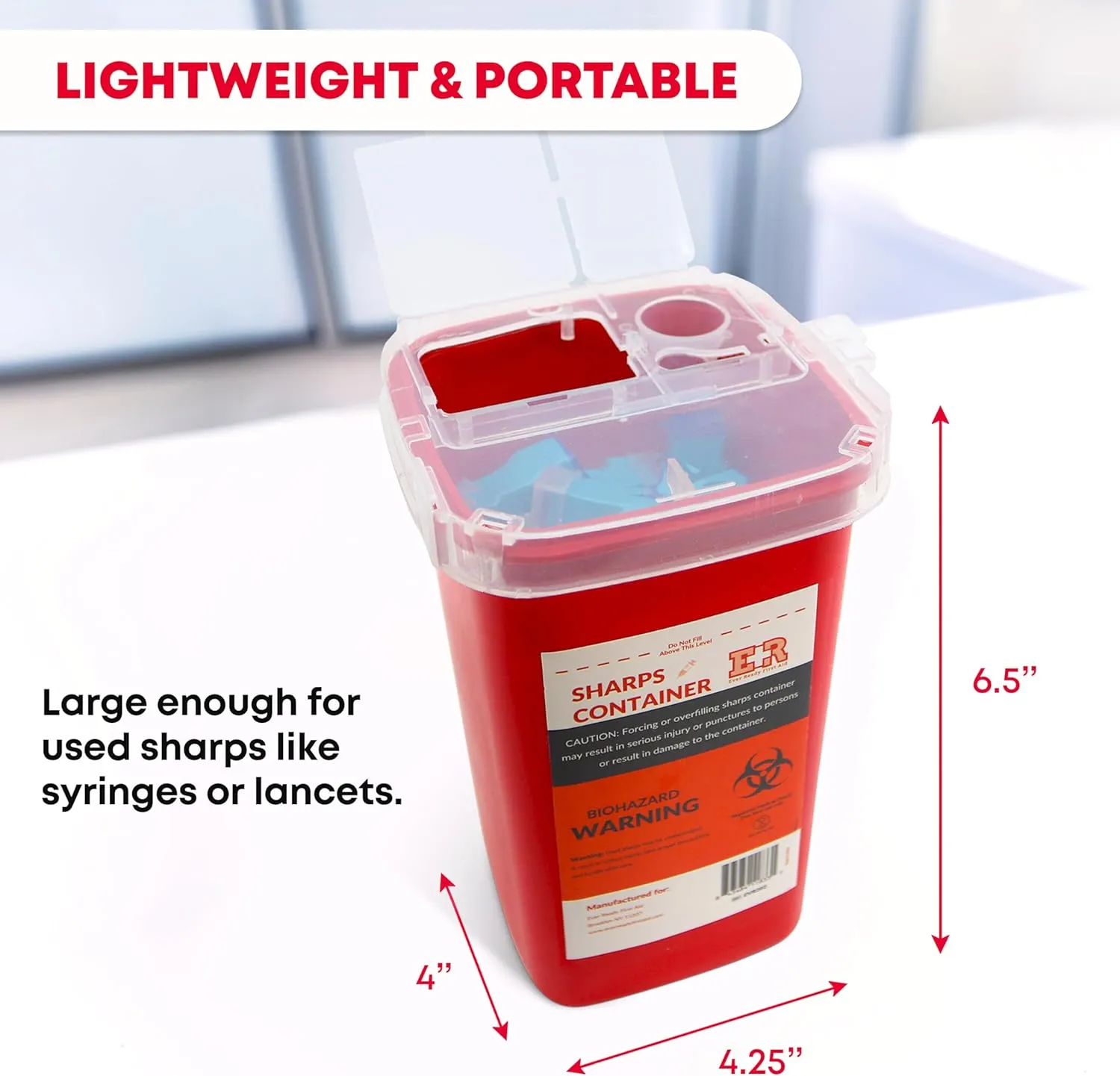 Ever Ready First Aid Sharps Container with Split Lid Design and Locking Mechanism for Sharp Waste Disposal, 1 Quart - 6 Count