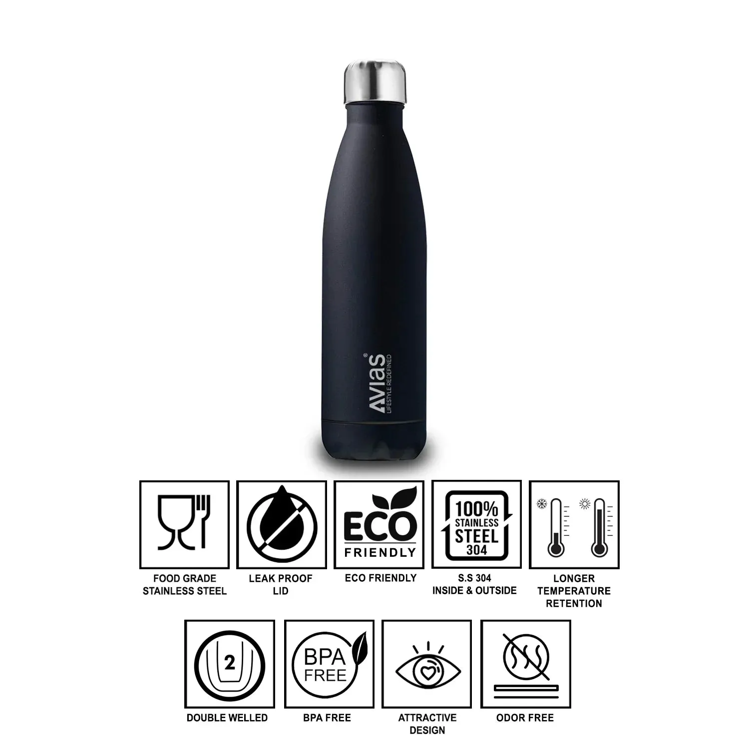 Evita Premium Stainless Steel Vacuum Insulated Flask Water Bottle| 1 Litre/ 750Ml | Black
