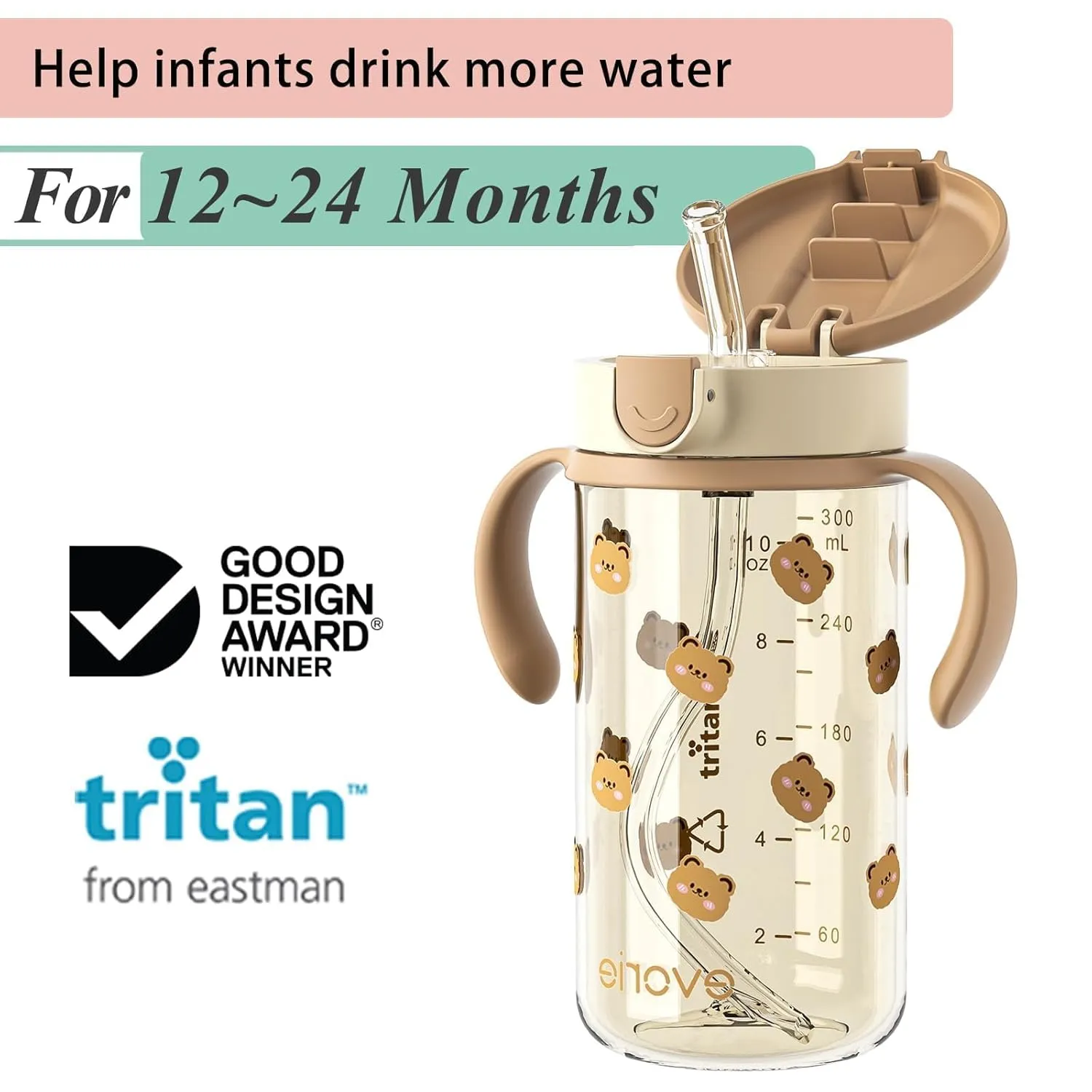 Evorie Tritan Spill Proof Toddler Straw Sippy Cup, 10 oz for Baby and Toddlers 1-3 Years Old, No Spill Straw Water Bottle with Removable Handles, Ideal for School, BPA-Free, Honey Bear