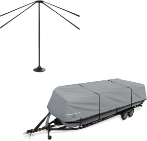 Explore Land Adjustable Boat Support Pole Bundle with Pontoon Boat Cover Fits 21'-24' Long Beam Width up to 104" Pontoon Boat, Grey