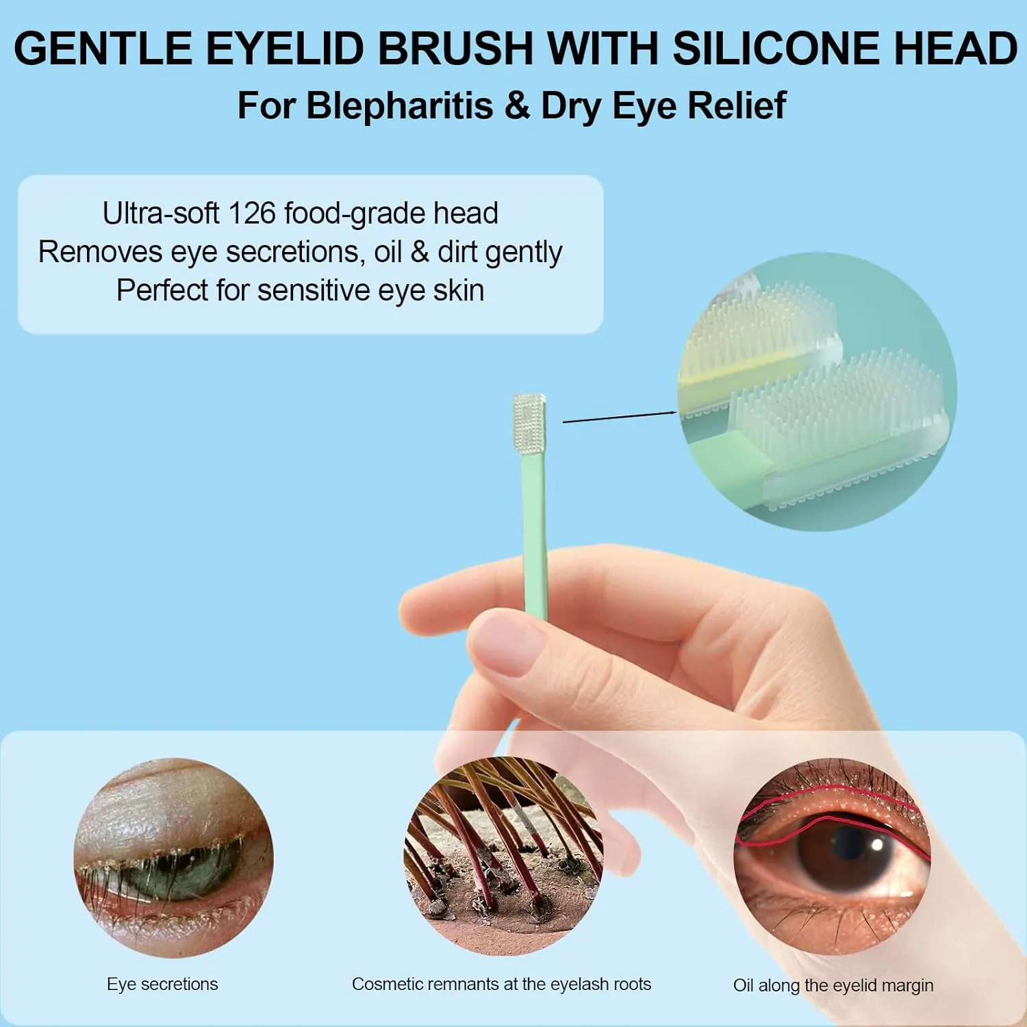 Eyelid Brush with Soft Silicone for Sensitive Eyelids,Gently Cleans Eyelid Margins,Removes Dirt,Oil.Blepharitis,MGD and Dry Eyes Relief,Lid Scrubbing Device,Eyelid Cleanser Partner (5pcs)