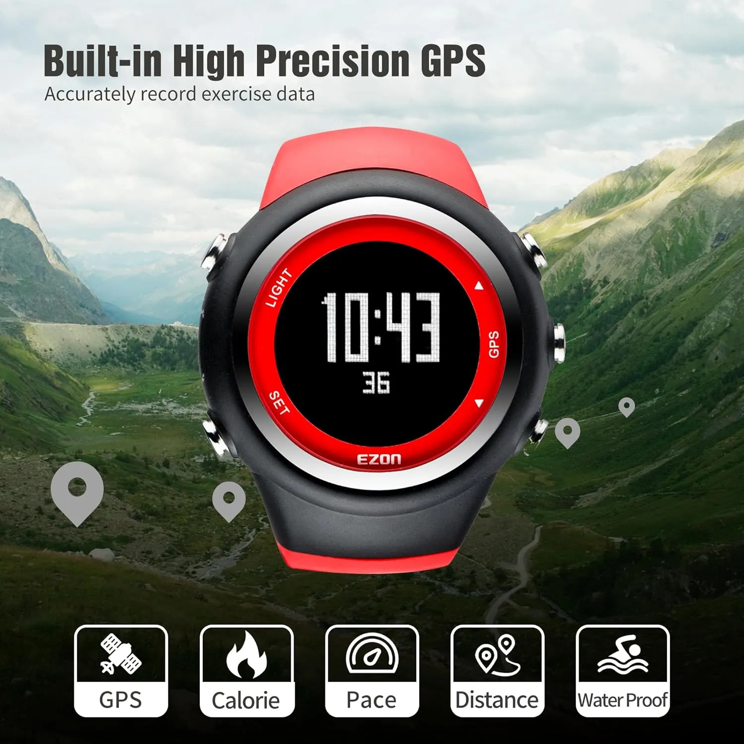 EZON GPS Running Watch with Distance Pace Alarm and Calorie Counter and Stopwatch for Men (Red)