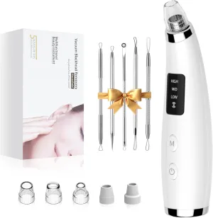 Facial Pore Blackhead Remover Vacuum - Face Cleaner and Blackhead Extractor with 3 Adjustable Suction Levels, 5 Probes, USB Charging Interface - Pore Vacuum Kit for Women&Men (White)
