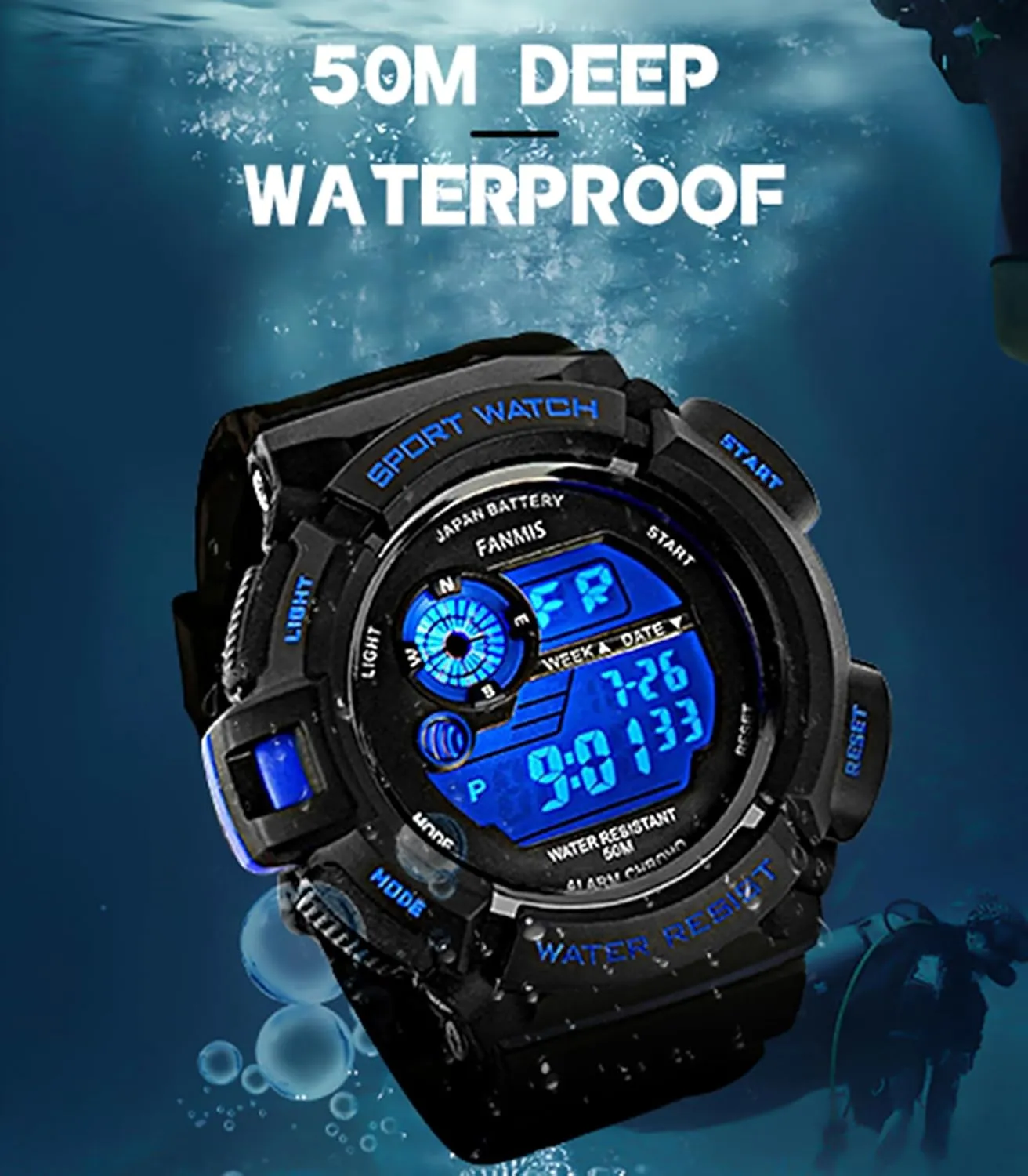 FANMIS Mens Military Multifunction Digital LED Watch Electronic Waterproof Alarm Quartz Sports Watch