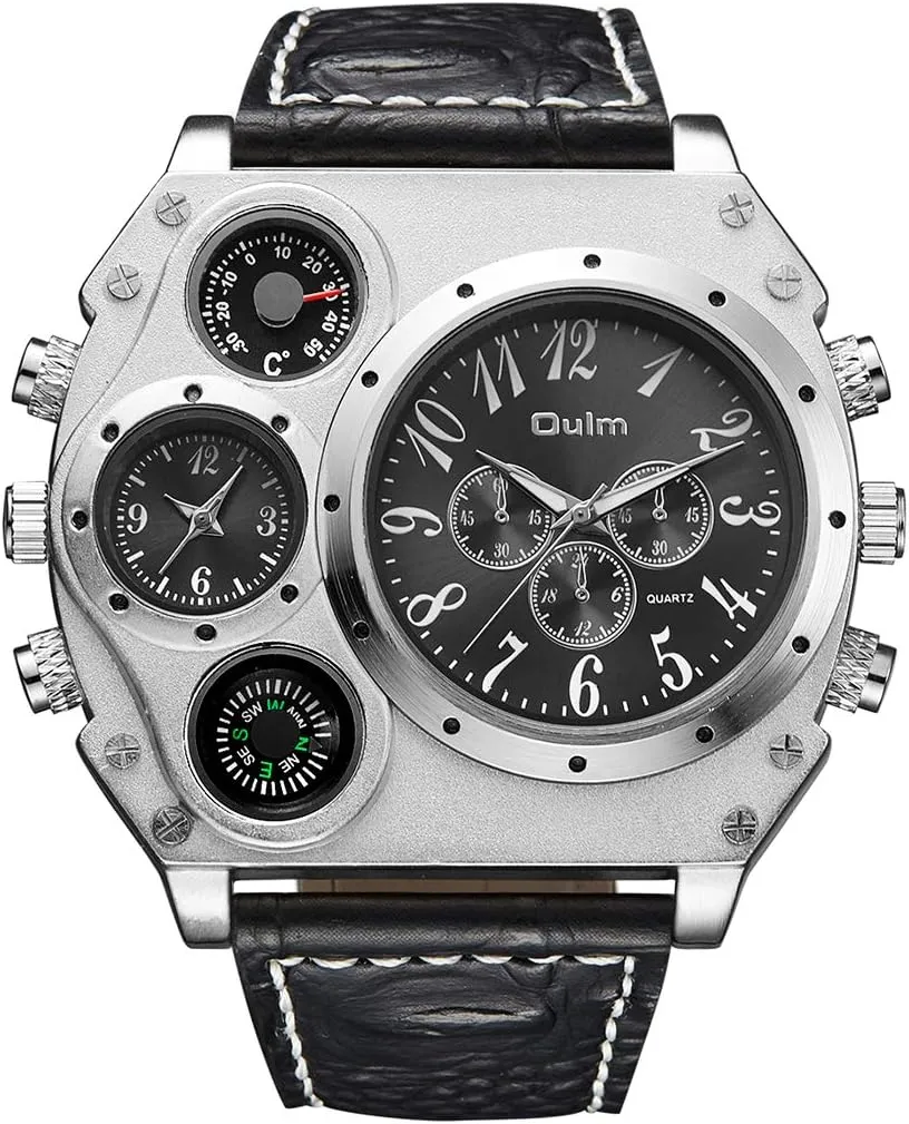 FANMIS Mens Military Sports Quartz Wrist Watch Two Time Zone Compass and Thermometer Decorative Dial Leather Strap Cool Watch