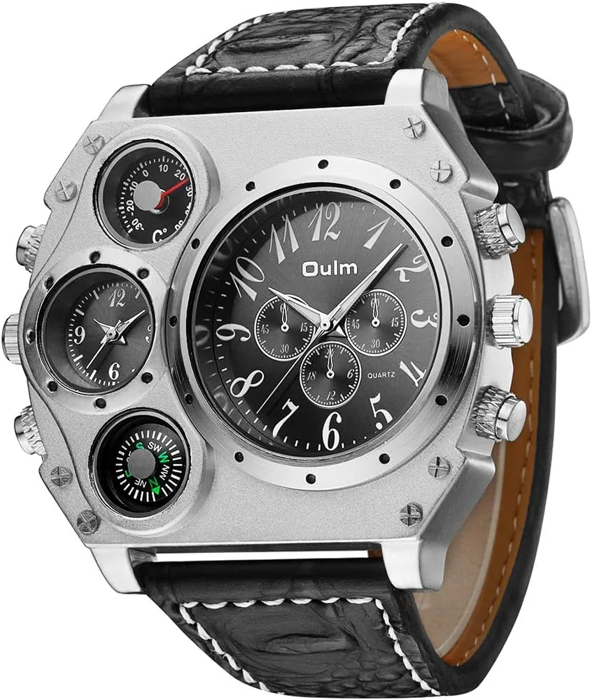 FANMIS Mens Military Sports Quartz Wrist Watch Two Time Zone Compass and Thermometer Decorative Dial Leather Strap Cool Watch