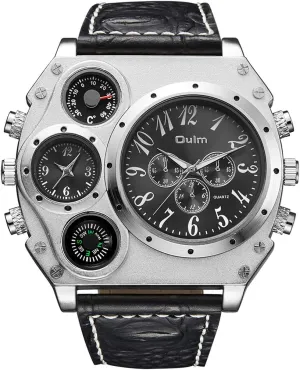 FANMIS Mens Military Sports Quartz Wrist Watch Two Time Zone Compass and Thermometer Decorative Dial Leather Strap Cool Watch