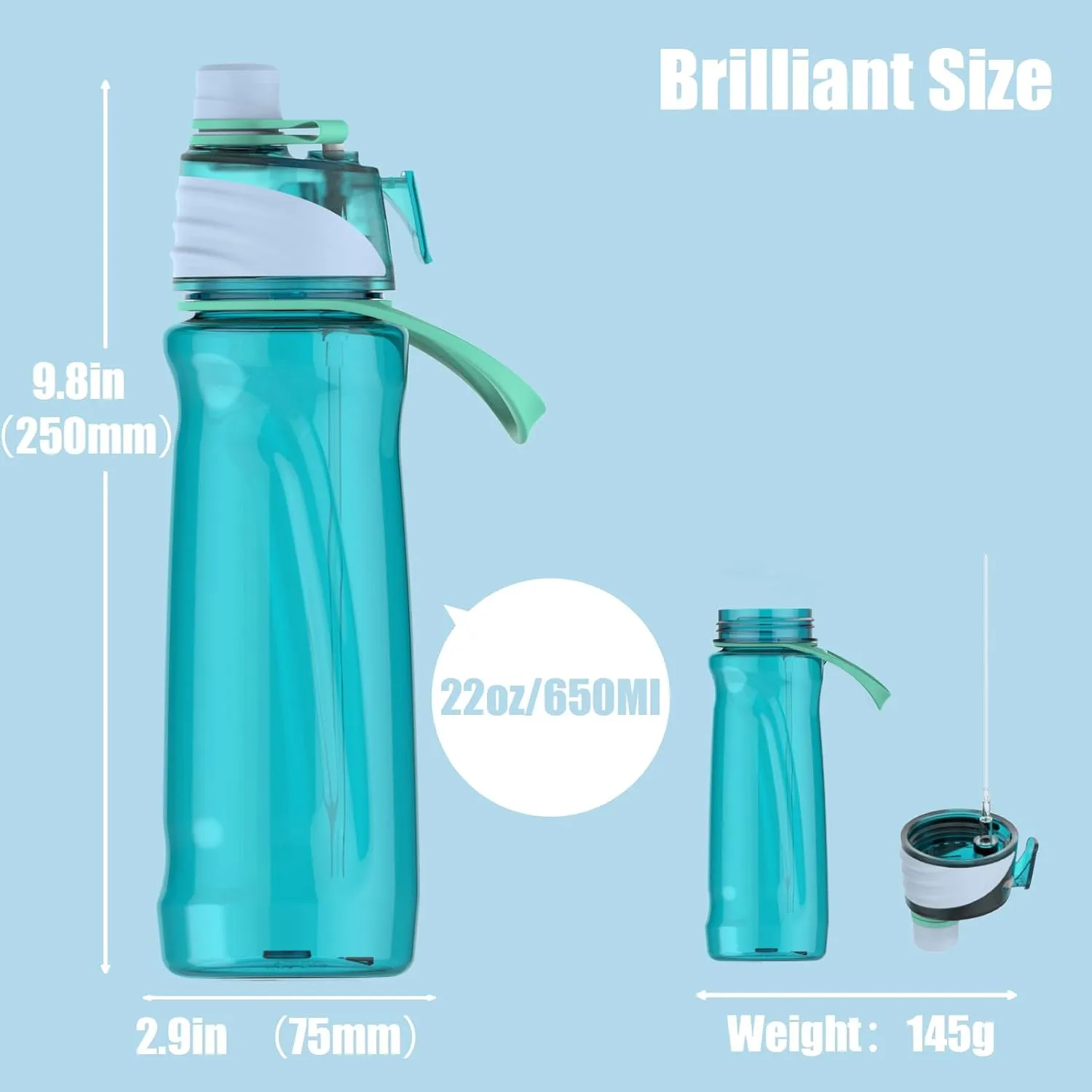 FEIJIAN Mist & Sip Water Bottle, 22oz, BPA-Free, Leakproof & Lightweight, Ideal for Fitness & Outdoor, Blue