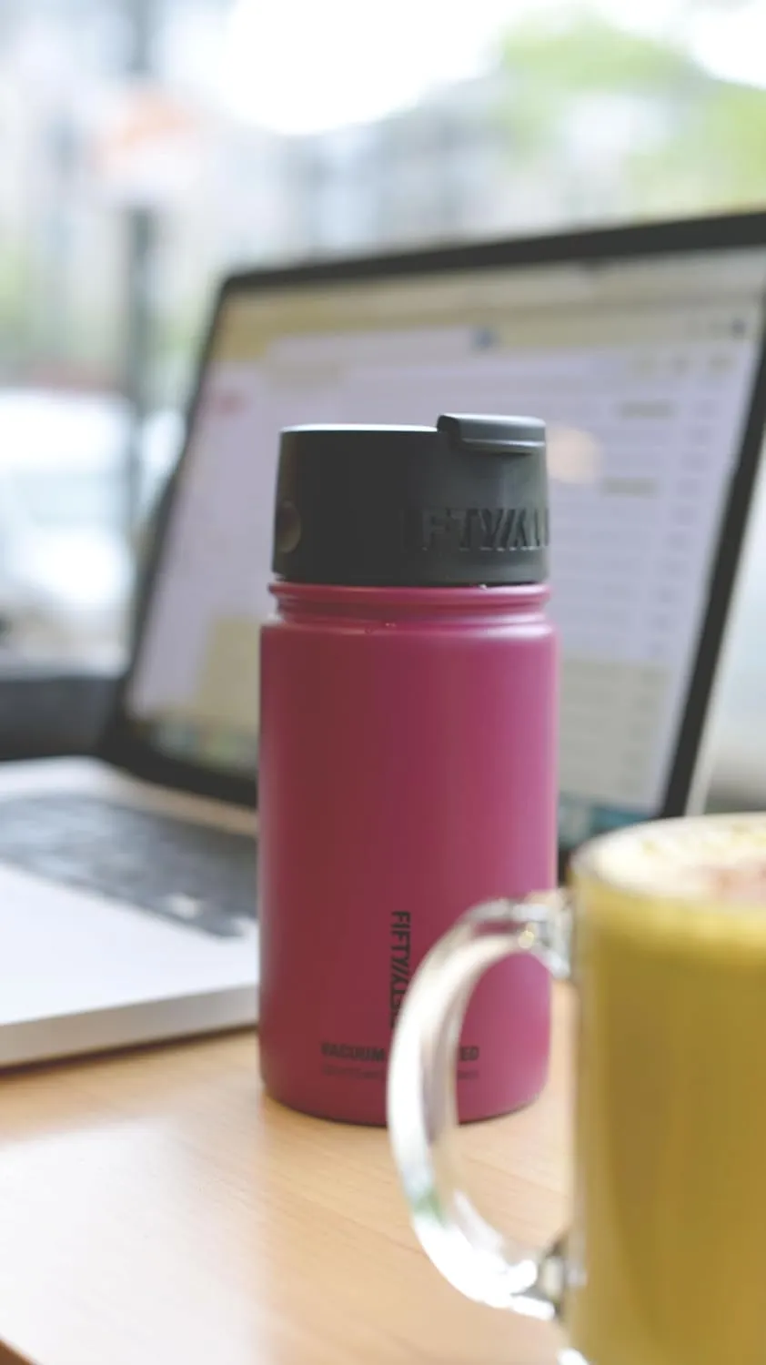 FIFTY/FIFTY 20oz, Double Wall Vacuum Insulated Café Water Bottle, Stainless Steel, Flip Cap w/ Wide Mouth, Matte Black, 20oz/591ml