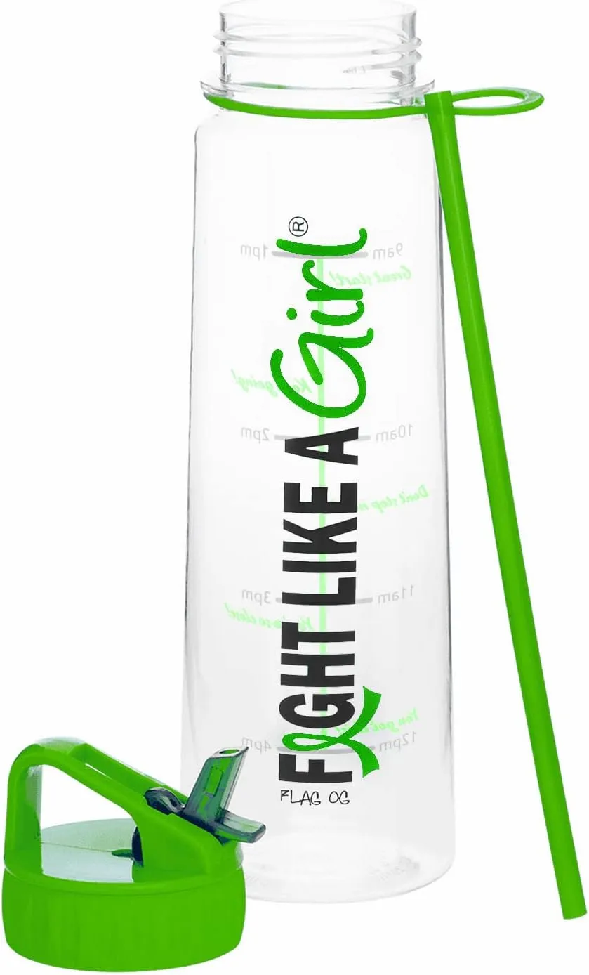 Fight Like a Girl Hybrid SlimKim 30 oz Motivational Water Bottle with Time Marker & Straw for Lymphoma, Lyme Disease Awareness - Reusable Clear Water Bottle for Workout, Gym, Travel - Lime Green