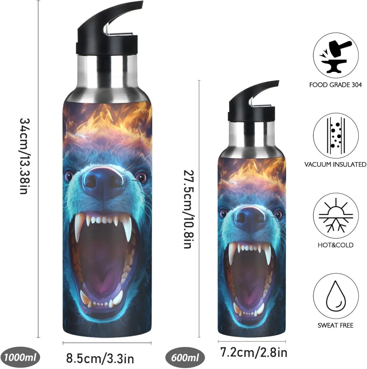 Fired Blue Koala Sport Water Bottle Insulated Stainless Steel Large Vacuum Flask Leak Proof Thermos with Straw for Travel(600ml/1000ml)