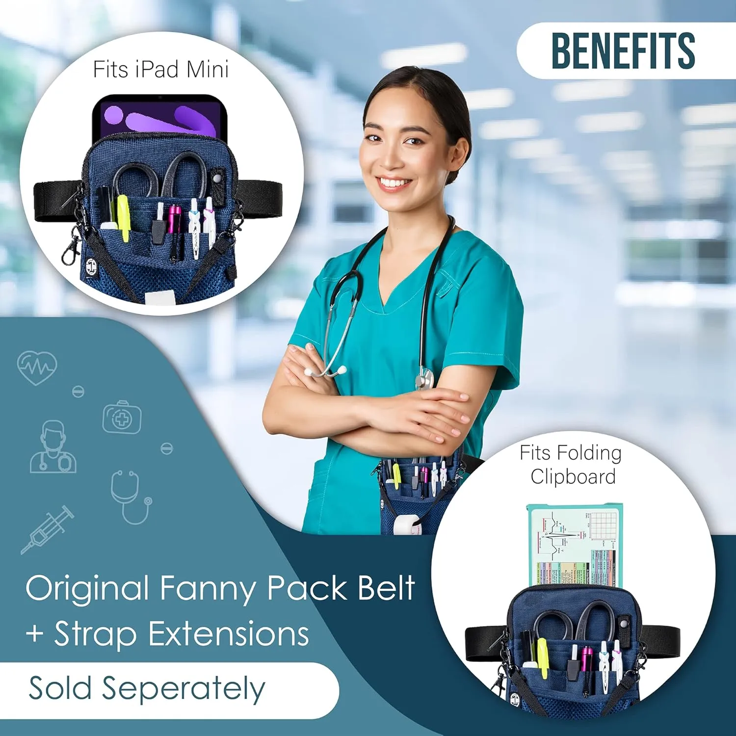 First Lifesaver 4-in-1 Nurse Fanny Pack with Medical Gear Pockets, Tape Holder, and Utility Storage for Stethoscopes, Bandage Scissors, and Emergency Supplies, Student and Nurse Use (Navy)