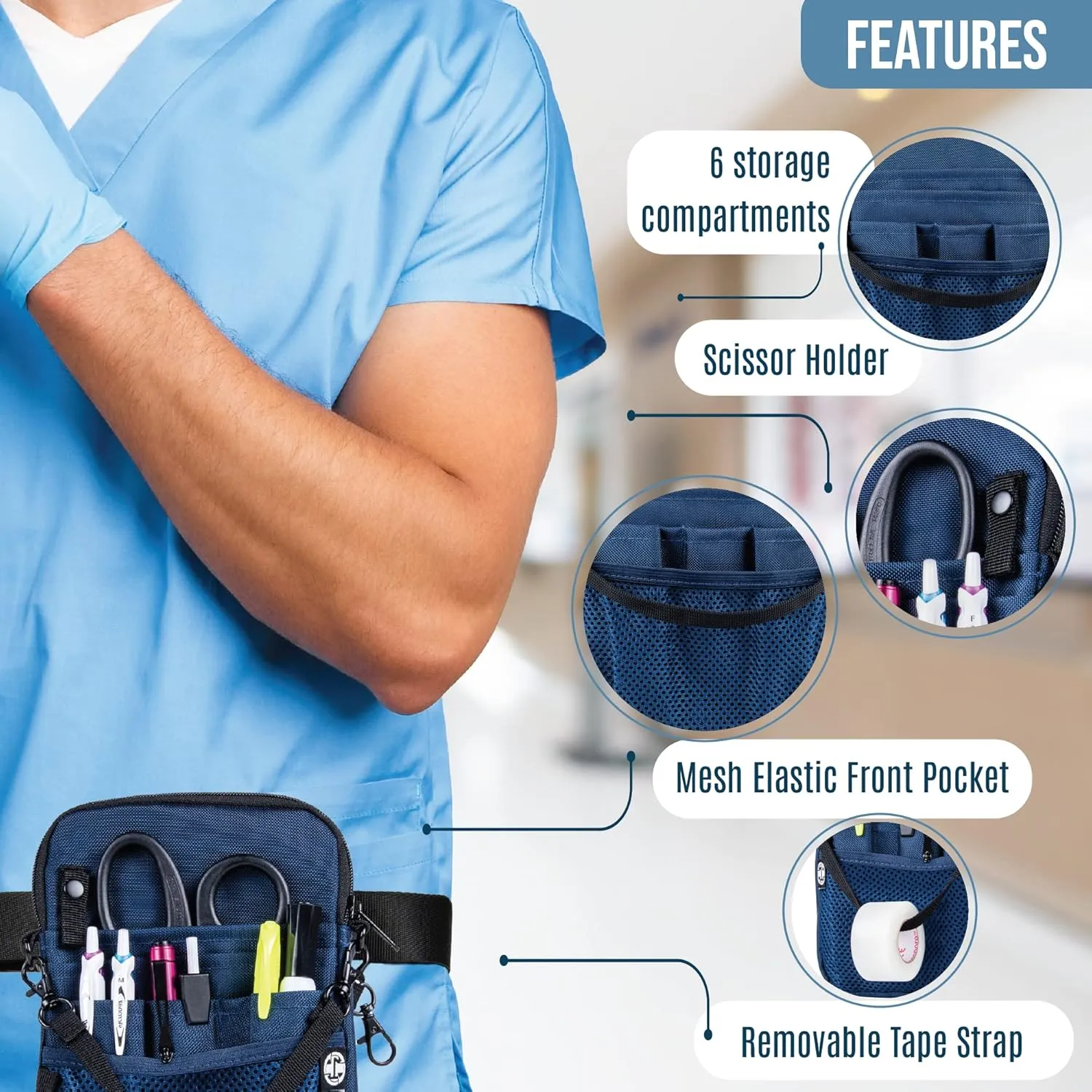 First Lifesaver 4-in-1 Nurse Fanny Pack with Medical Gear Pockets, Tape Holder, and Utility Storage for Stethoscopes, Bandage Scissors, and Emergency Supplies, Student and Nurse Use (Navy)