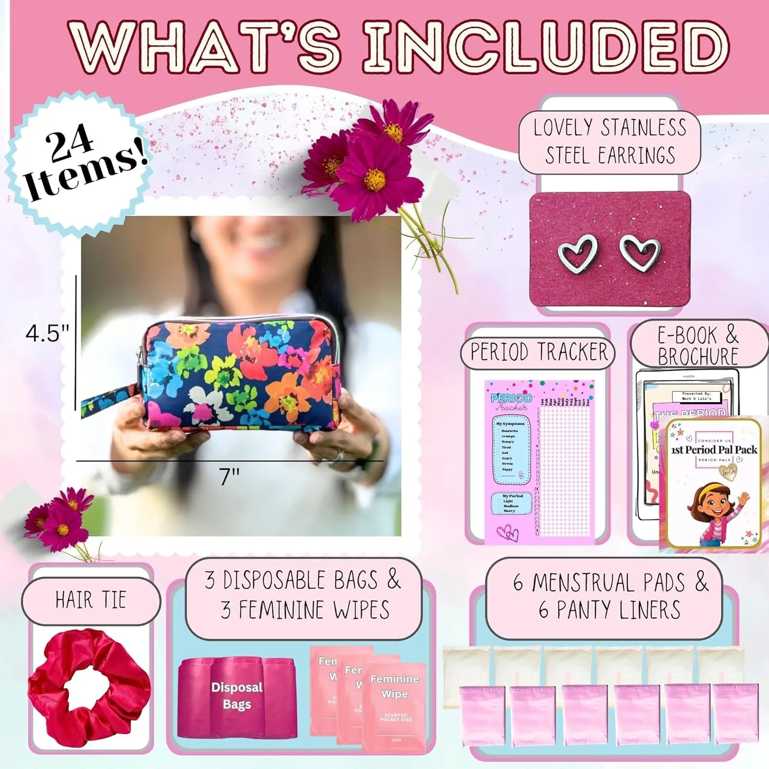 First Period Pal Pack to-Go Kit | 24 pcs | First Period Kit for Tweens | Teen Period Kit| Discrete Period Bag, Pads, Panty Liners, Period Kits for Tweens 10-12 (Color Burst)