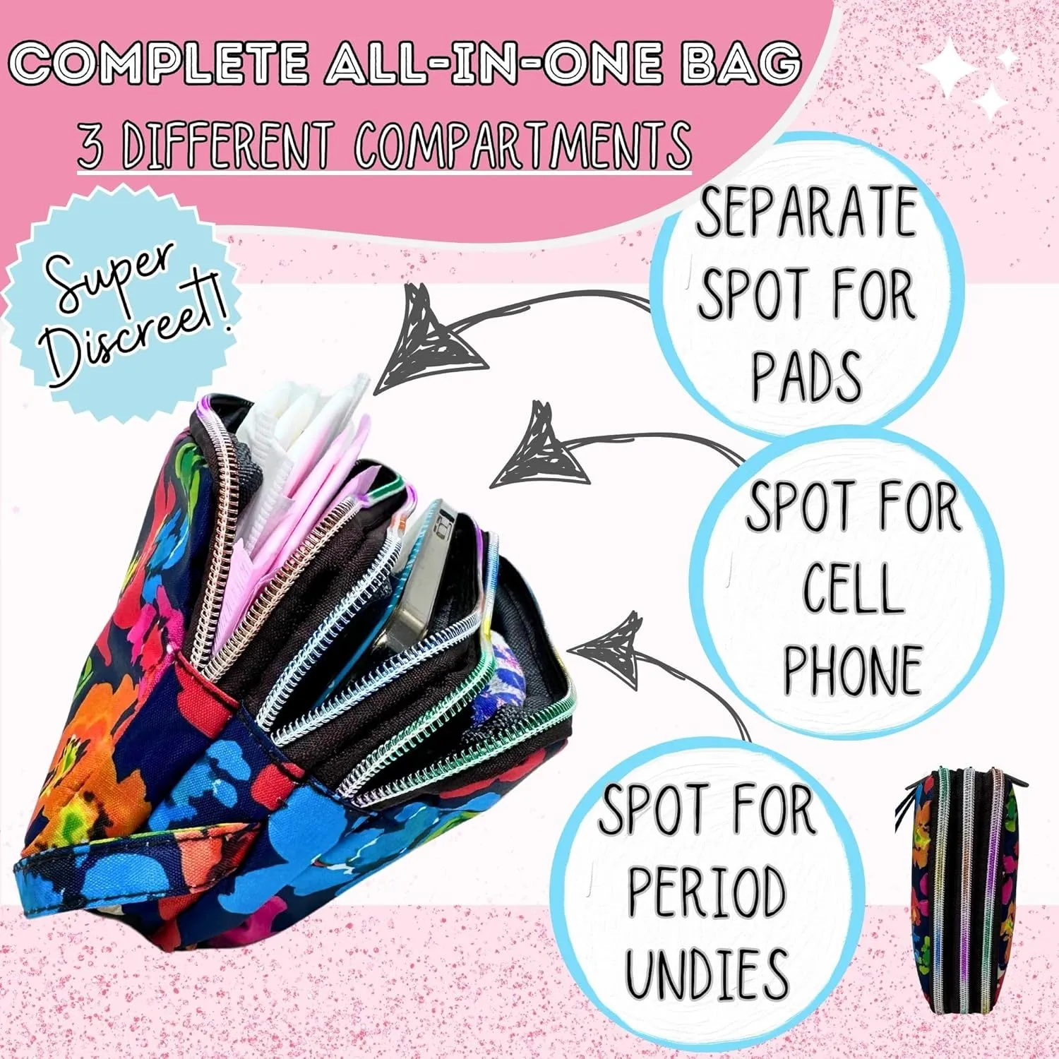 First Period Pal Pack to-Go Kit | 24 pcs | First Period Kit for Tweens | Teen Period Kit| Discrete Period Bag, Pads, Panty Liners, Period Kits for Tweens 10-12 (Color Burst)