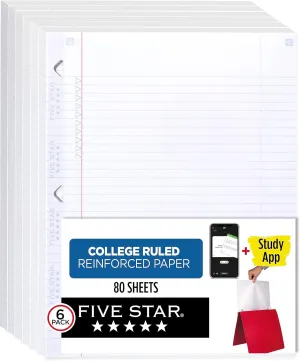 Five Star Loose Leaf Paper   Study App, 6 Pack, Notebook Paper, College Ruled Filler Paper, Reinforced, Fights Ink Bleed, 8.5 x 11, 80 Sheets per Pack (170025)
