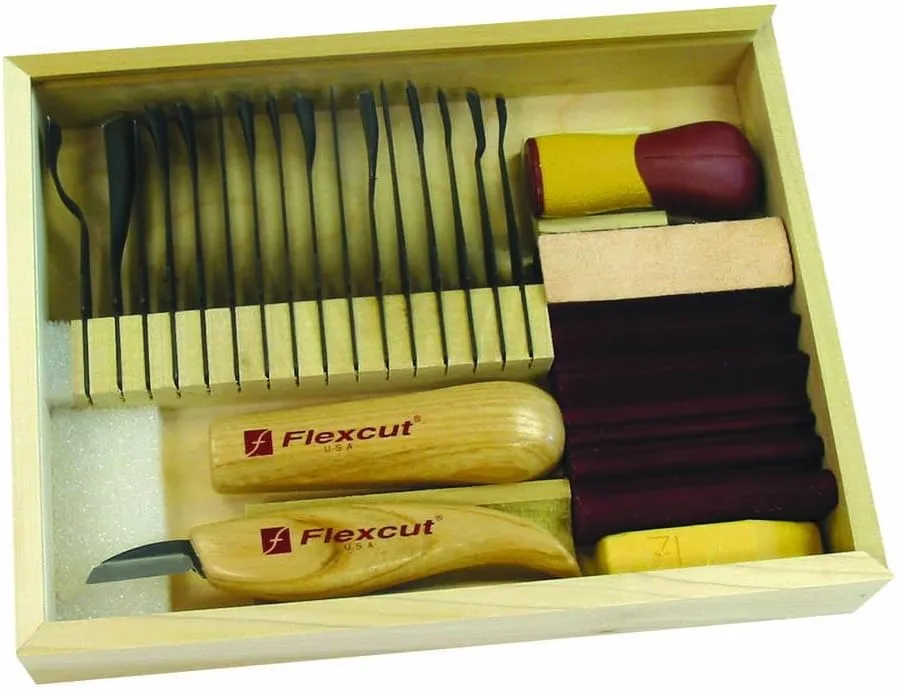 FLEXCUT Carving Tools Deluxe Starter Carving Set SK108 | 21 Piece Woodworking Tools Set | Includes 16 Carving Blades, Cutting Knife, 2 Quick Connect Handles & DVD | 1095 High Carbon Steel Blades