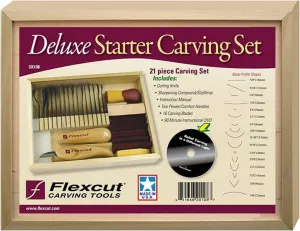 FLEXCUT Carving Tools Deluxe Starter Carving Set SK108 | 21 Piece Woodworking Tools Set | Includes 16 Carving Blades, Cutting Knife, 2 Quick Connect Handles & DVD | 1095 High Carbon Steel Blades