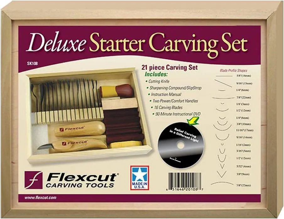 FLEXCUT Carving Tools Deluxe Starter Carving Set SK108 | 21 Piece Woodworking Tools Set | Includes 16 Carving Blades, Cutting Knife, 2 Quick Connect Handles & DVD | 1095 High Carbon Steel Blades