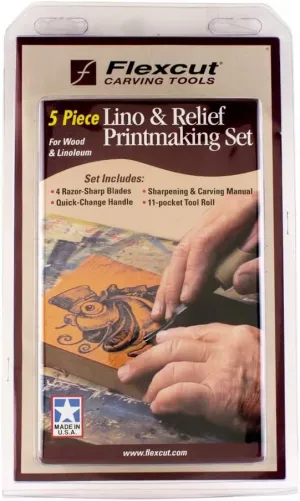Flexcut Wood Carving Tools Set 5 Piece Lino & Relief Printmaking Set for Wood & Linoleum SK130, Made in USA