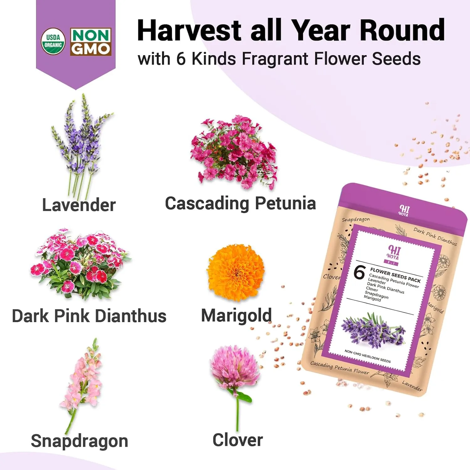 Flower Seed Pods for All Hydroponics Growing System, 8 Pods with 600  Seeds of Marigold, Lavender, Petunia, Dark Pink Dianthus, Clover and Snapdragon
