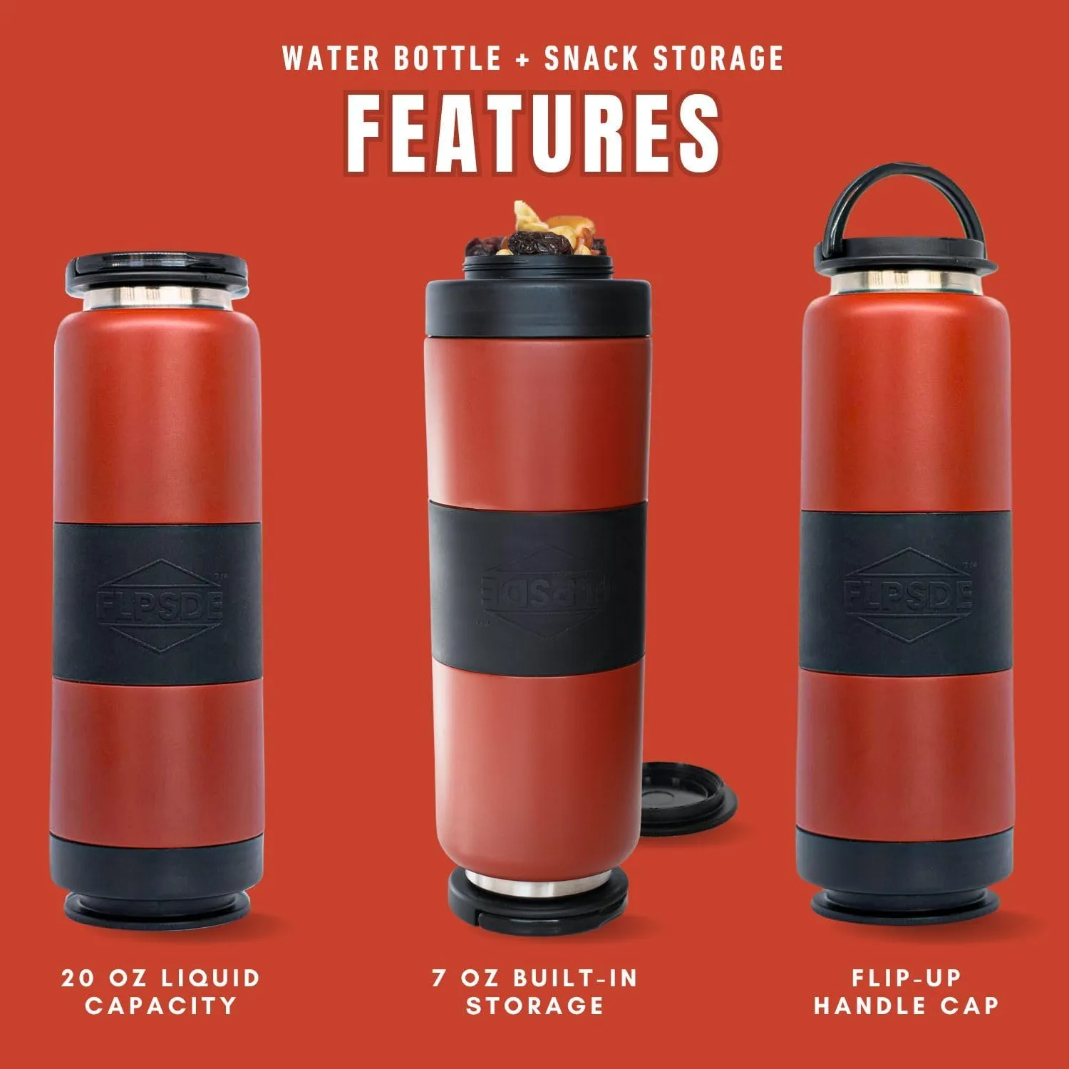 FLPSDE Dual Chamber Water Bottle with Integrated Storage Compartment for Snacks and More - Stainless Steel, Vacuum Insulated - 2 in 1 Container for Travel, School, Hiking, Sports, Work, Office, Gift