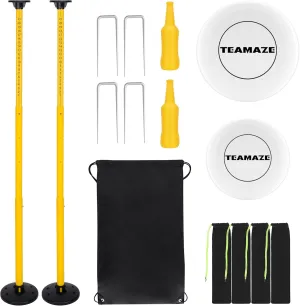Flying Disc Game Set with Height-Adjustable Poles & Score Tracker, Outdoor Bottle Toss Game for Beach, Lawn, Camping, Polish Horseshoes Set for Family & Friends Party Games