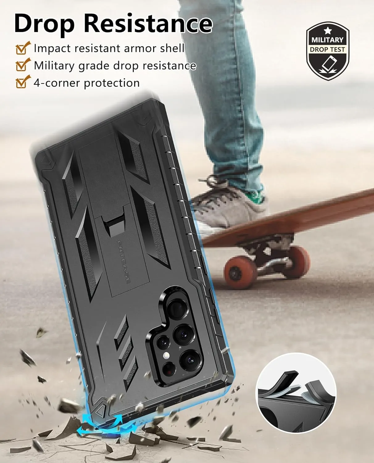 FNTCASE for Samsung Galaxy S22 Ultra Case: Built-in Screen Protector & Kickstand Full-Body Dual Layer Rugged Military Grade Shockproof Protection Heavy Duty Protective Phone Cover 5G-Black