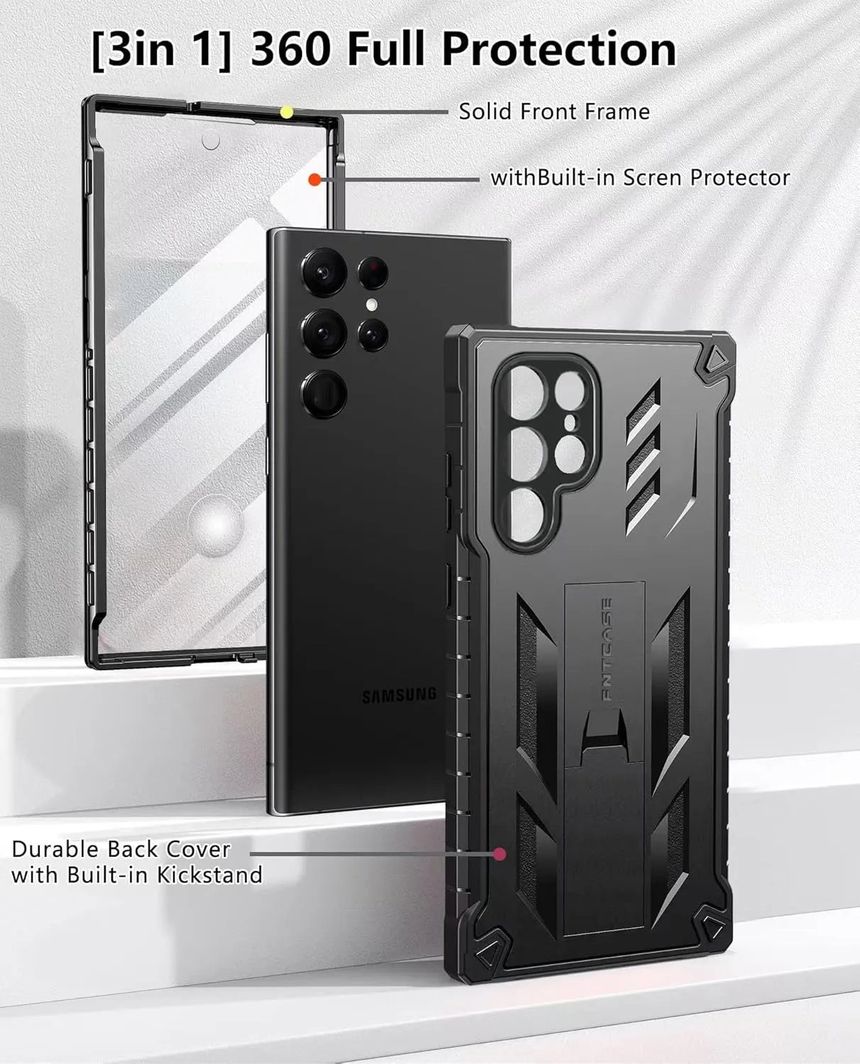 FNTCASE for Samsung Galaxy S22 Ultra Case: Built-in Screen Protector & Kickstand Full-Body Dual Layer Rugged Military Grade Shockproof Protection Heavy Duty Protective Phone Cover 5G-Black