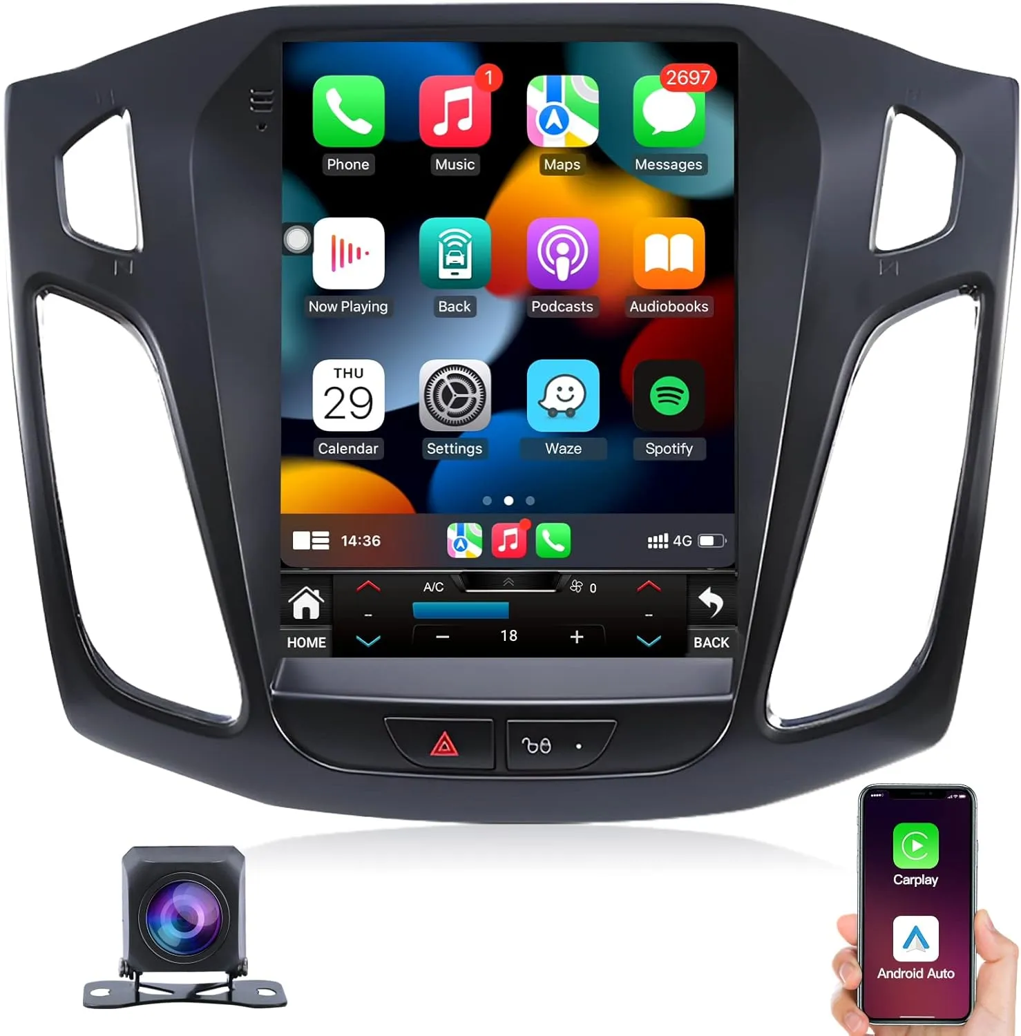 Ford Focus Car Stereo Radio 2012-2018 with Carplay/Android Auto, 10.4 Inch IPS Touch Screen Android 12 Car Radio with GPS Navigation Bluetooth WiFi Mirror Link Backup Camera, 2G RAM 32G ROM