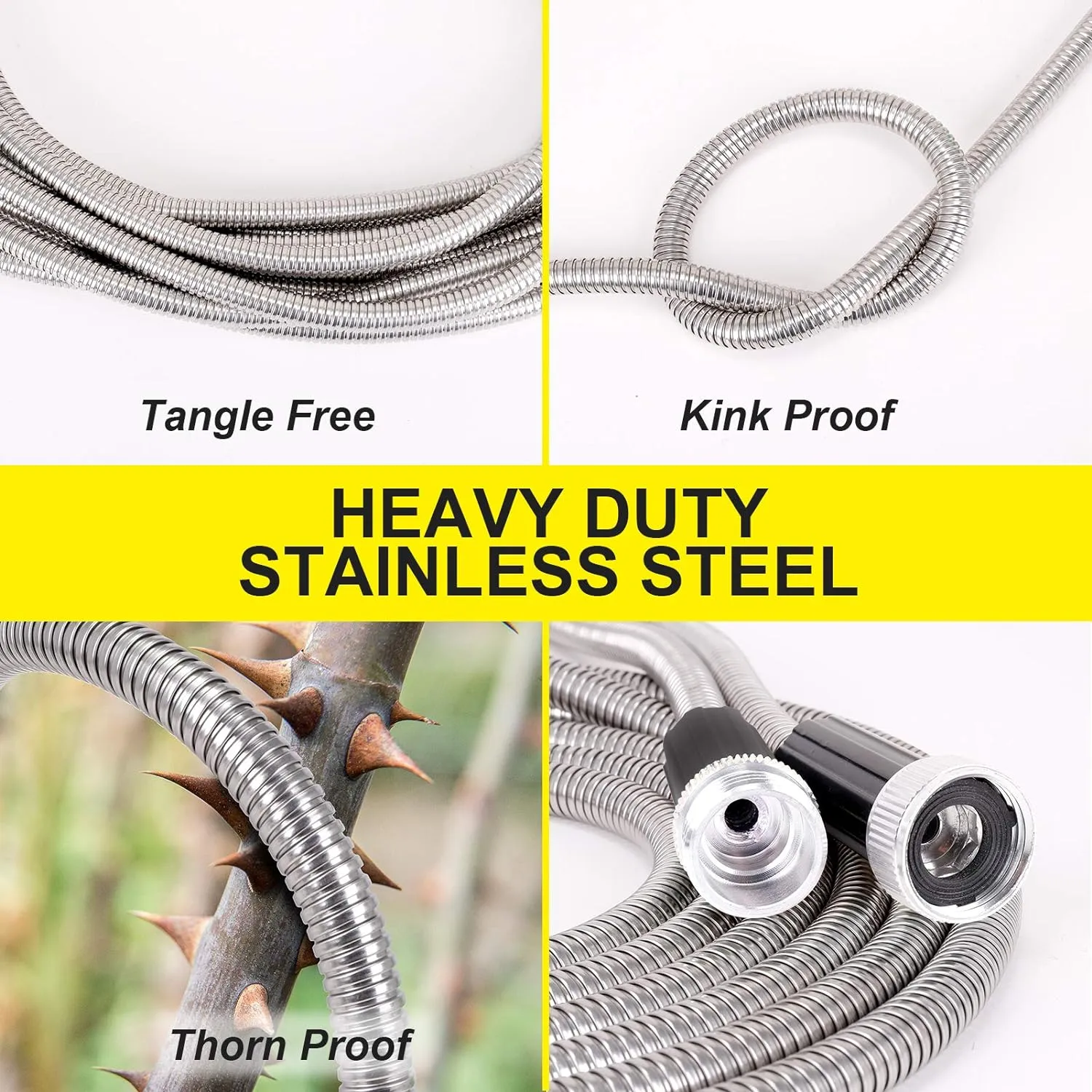 FOXEASE Metal Garden Hose 50 ft - Stainless Steel Water Hose with 2 Nozzles, Lightweight, Tangle Free & Kink Free, Heavy Duty, High Pressure, Flexible, Dog Proof