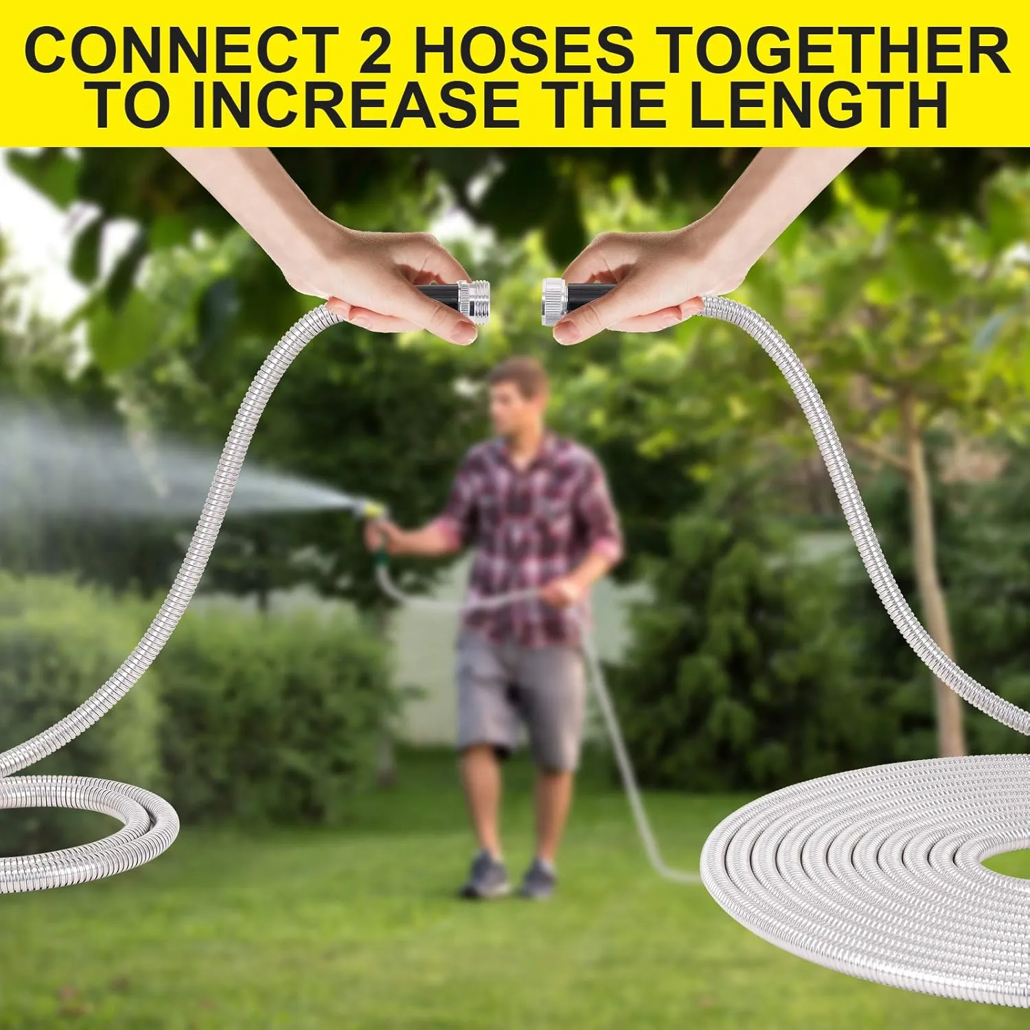 FOXEASE Metal Garden Hose 50 ft - Stainless Steel Water Hose with 2 Nozzles, Lightweight, Tangle Free & Kink Free, Heavy Duty, High Pressure, Flexible, Dog Proof