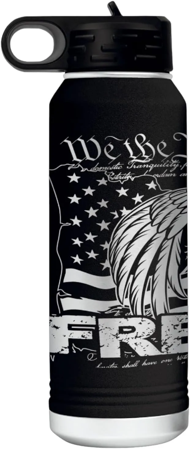 Freedom Eagle 32 Ounce American Flag Double Walled Stainless Steel Insulated 32oz Water Bottle - Engraved in the USA (Freedom Eagle Black, 32)