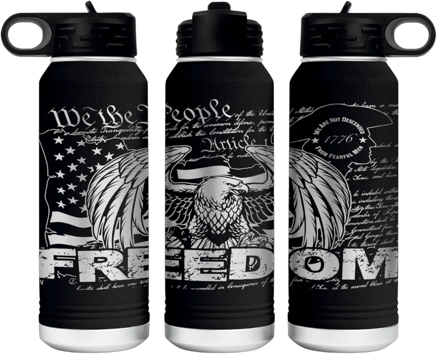 Freedom Eagle 32 Ounce American Flag Double Walled Stainless Steel Insulated 32oz Water Bottle - Engraved in the USA (Freedom Eagle Black, 32)