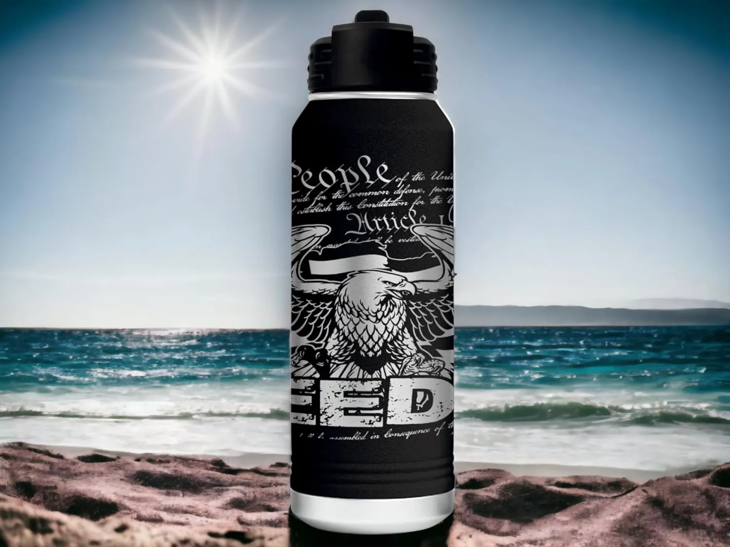 Freedom Eagle 32 Ounce American Flag Double Walled Stainless Steel Insulated 32oz Water Bottle - Engraved in the USA (Freedom Eagle Black, 32)
