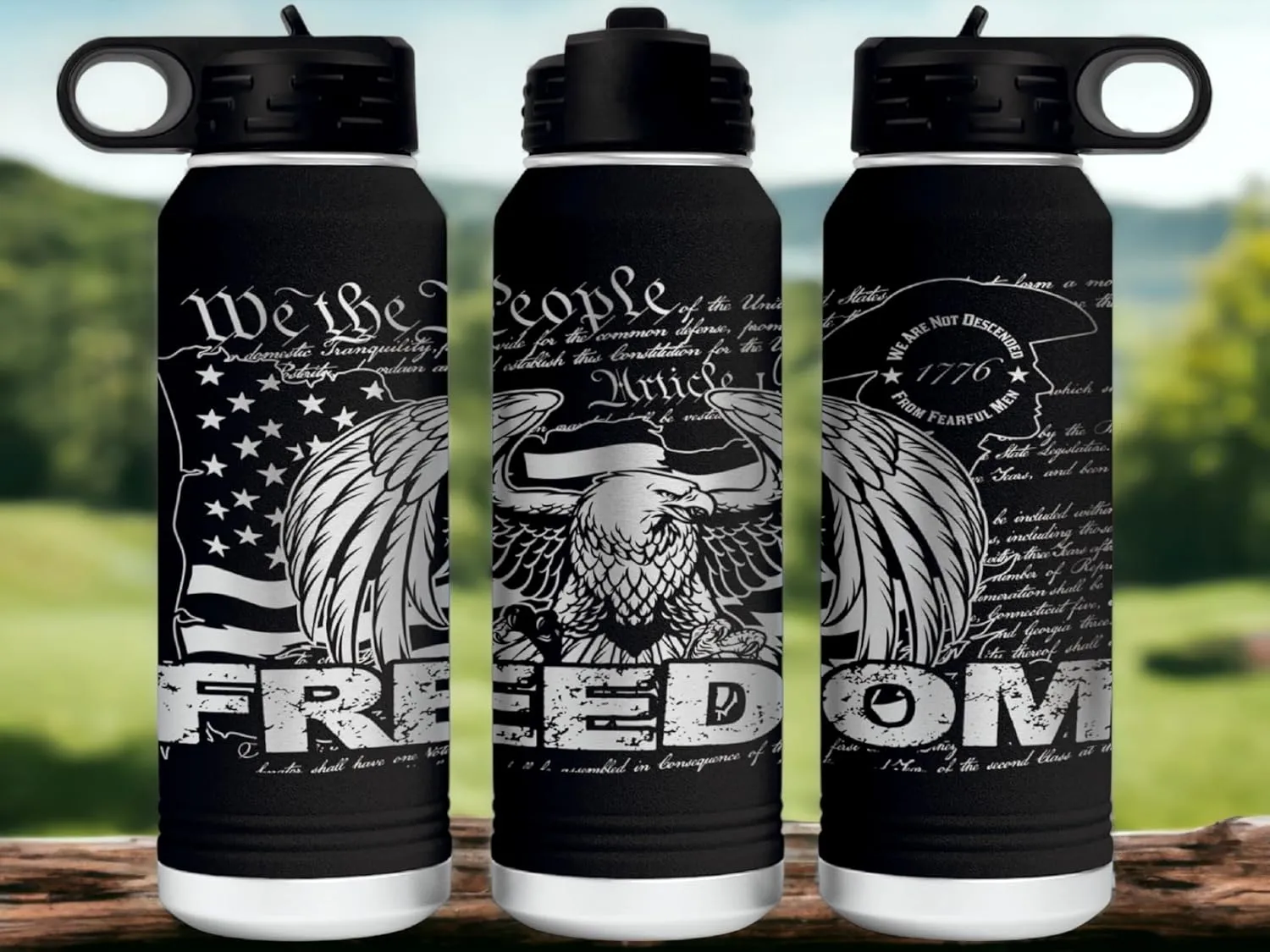 Freedom Eagle 32 Ounce American Flag Double Walled Stainless Steel Insulated 32oz Water Bottle - Engraved in the USA (Freedom Eagle Black, 32)