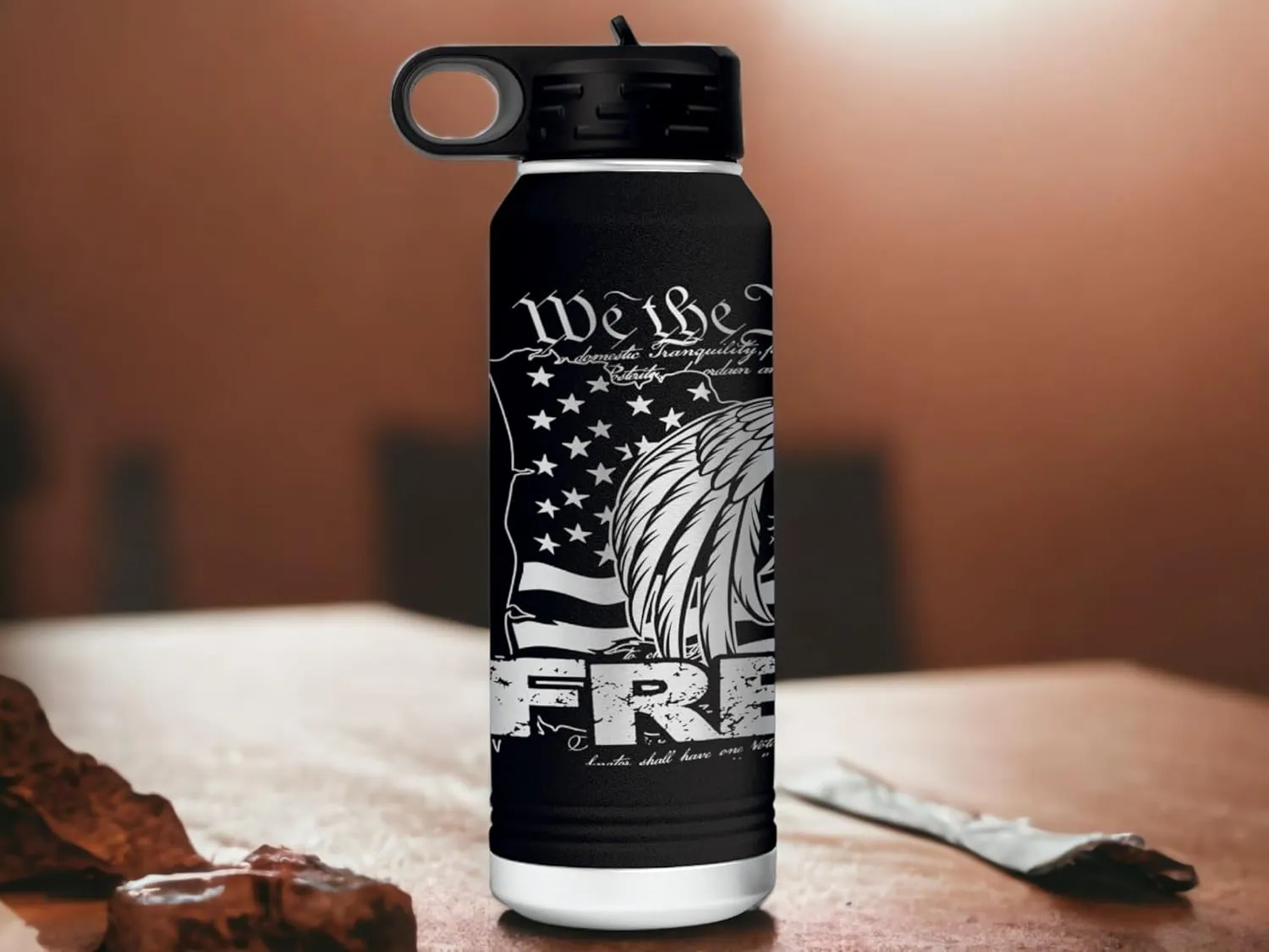 Freedom Eagle 32 Ounce American Flag Double Walled Stainless Steel Insulated 32oz Water Bottle - Engraved in the USA (Freedom Eagle Black, 32)